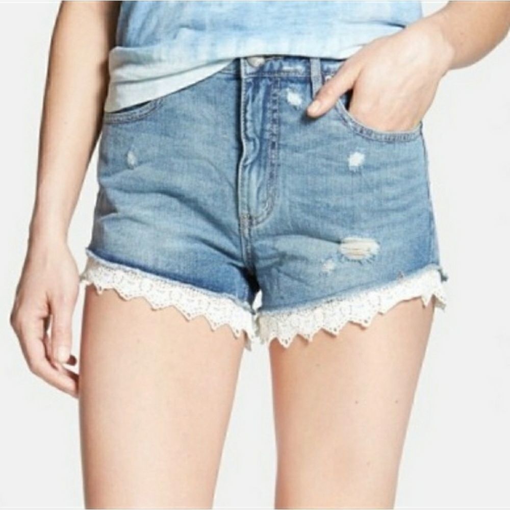 Distressed Denim Shorts with Lace Hem - Picture 2 of 13